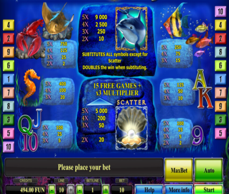 Tabla de pagos de la tragamonedas Dolphin's Pearl Deluxe.