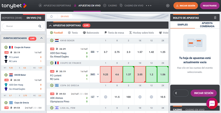apuestas en vivo de tonybet